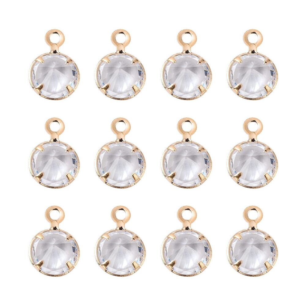 7242 60Pcs Round Brass Cubic Zirconia Charm Pendants Clear Charm Pendants